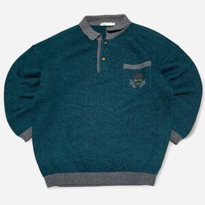 Vintage Mustang  green‎ and grey wool quarter button up sweater